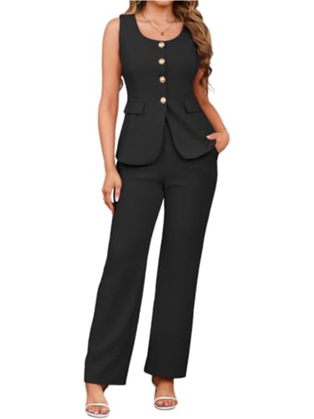 Sleeveless Blazer and Wide Leg Pants 2 Piece Set Business Casual Polyester
